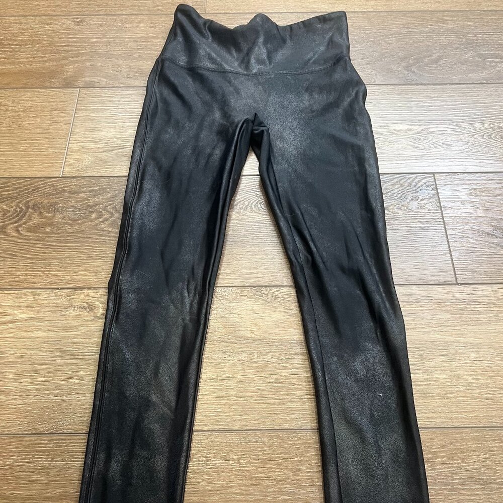 Spanx Pants Womens Black Metallic Shimmer Leggings Shine Shapewear Sz M Petite